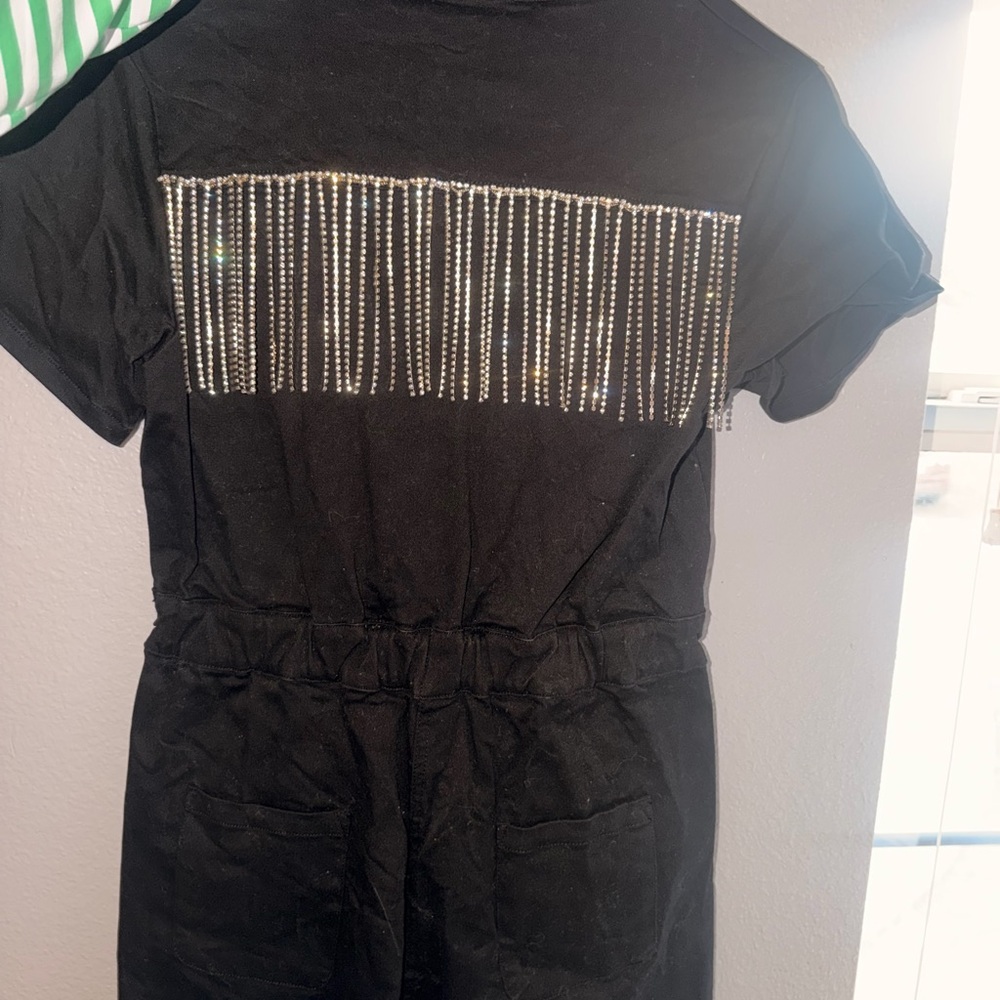 Black Denim Romper  with Rhinestone Detail